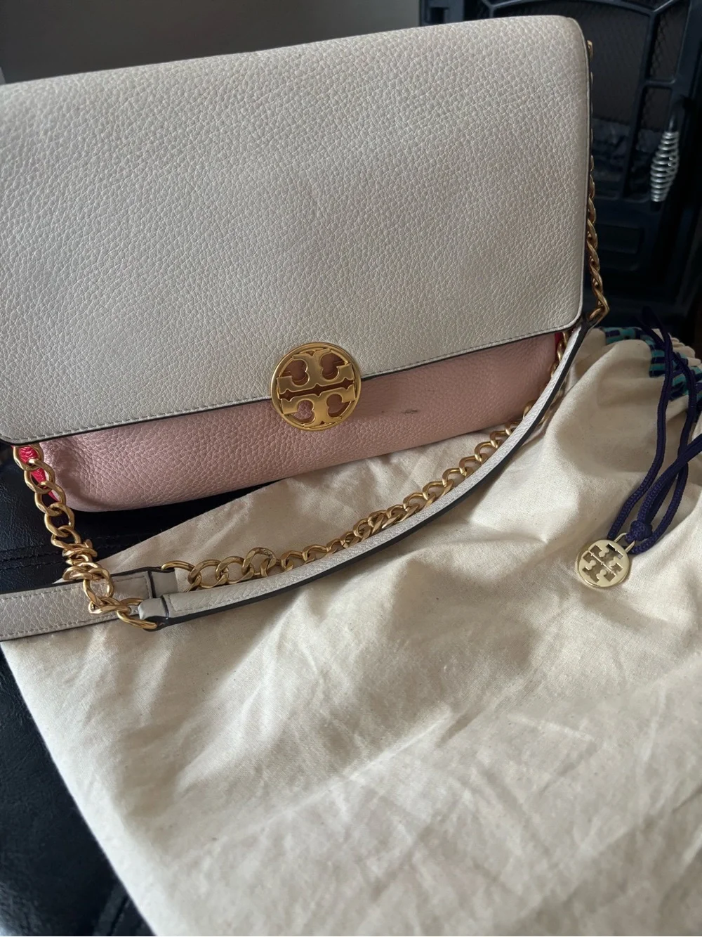 Tory Burch Two-Tone Cream & Blush Pebbled Leather Crossbody